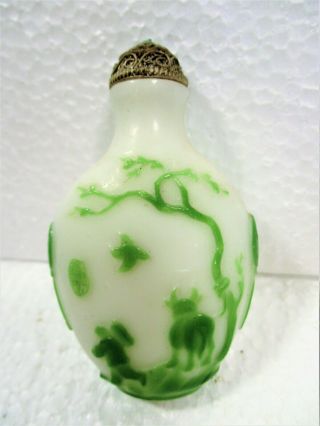 A Chinese Peking Cameo Glass Snuff Bottle Green On White Cow,  Man,  Bird,  Tree