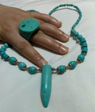 Antique Ancient Victorian Silver Turquoise Stone Rare Old Necklace,  Ring