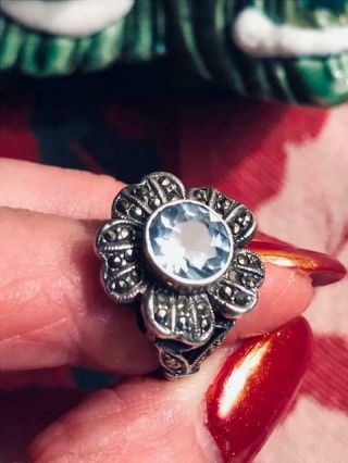 Vintage Sterling Silver Topaz Blue & Marcasite Gemstone Flower Ring - Size 5