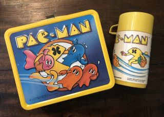 Vintage Pac - Man 1980 Metal Lunchbox With Thermos Rare