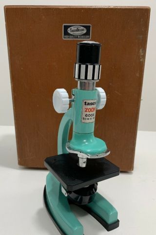 Vintage 1960’s Tasco Deluxe Zoom 600x Microscope In Wood Box Rare