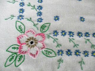 Vintage Tablecloth Hand Embroidered With Pink & Blue Flowers