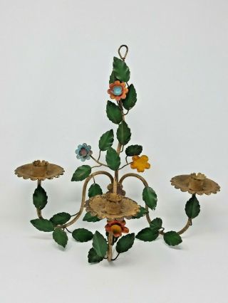 Vintage Italian Tole Painted Flower 3 Arm Metal Sconce Candelabra Shabby Wall