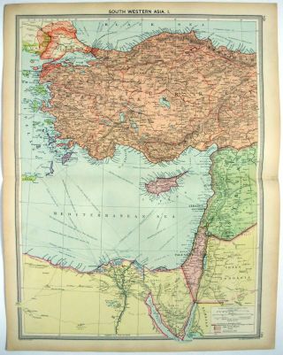 1926 Map Of Sw Asia I By George Philip.  Turkey Palestine Cyprus Vintage