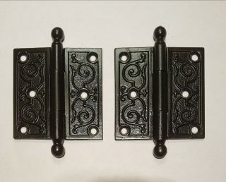 Antique Victorian Cast Iron Door Hinges 3.  5 " ×3.  5 " Eastlake Style Canonball Pin