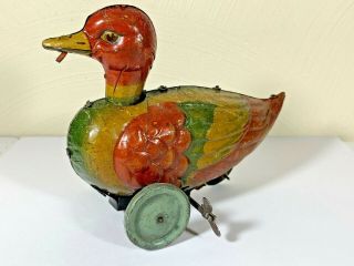 Vintage Antique Tin Wind Up Duck With Wheels - Early Tin Litho