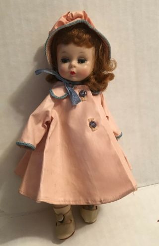 Vintage Madame Alexander Doll In Pink Rain Coat & Hat Center Snap Shoes