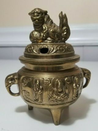 Vintage Chinese Brass Incense Burner - Lion On Lid,  Lotus Design