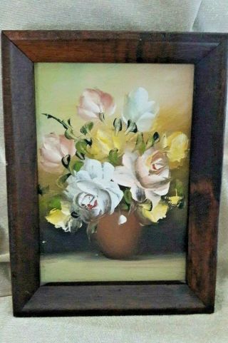 Vintage Small Oil Painting On Wood Of Flowers In A Bowl,  Old Wood Frame,  8.  24 " Hx