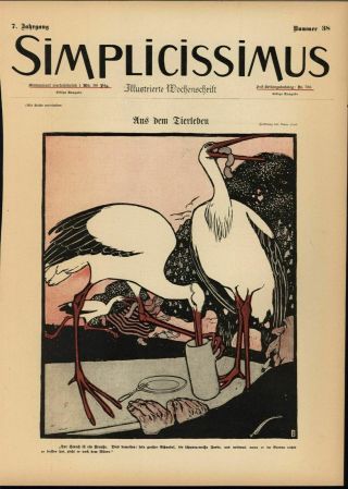 Aggressive Crane Invading Picnic 1902 Antique Art Nouveau Color Lithograph Print