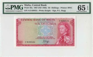 1967 Central Bank Of Malta 10 Shillings Rare ( (pmg 65 Epq))