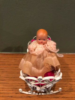 Vintage Antique Baby Doll Porcelain Ceramic In Metal Bassinet