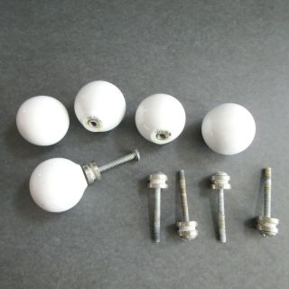 5 Vintage White Round Porcelain Knobs 1.  25 " Drawer Pulls Chrome Spacers Screws