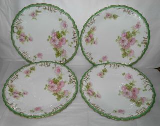 Set Of 4 Antique Ak Limoges France Dinner Plates Hp Pink Peonies Green Gold Trim