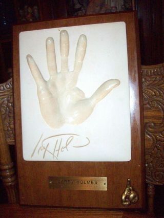 Rare Boxer Larry Holmes Plaster Cast Hand Print And Autograph Plaque Collectible
