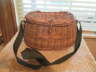 Vtg Large Wicker Fishing Creel Basket W/ Green Canvas Shoulder Strap