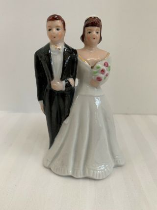 Vintage Wedding Cake Topper Brown Hair Bride Groom Made In Japan Gold Accents