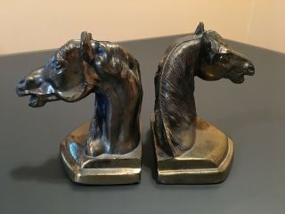 2 Vintage Antique Heavy Cast Brass / Bronze Horse Head Bookends,  6 "