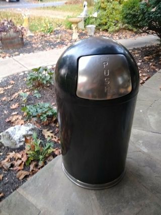 Vintage United Metal Dome Top Industrial Trash Can Rare Black & Chrome
