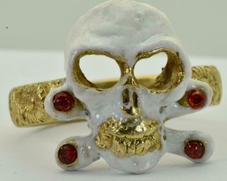 Rare Antique Memento Mori Skull Gold Plated Silver,  Enamel&garnets Mens Ring