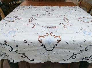 Vintage Linen Hand Embroidered Tablecloth Madeira Pale Blue Cut Work Flowers