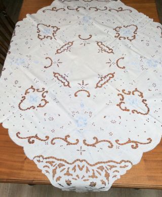 Vintage Linen Hand Embroidered Tablecloth Madeira pale blue Cut Work Flowers 3