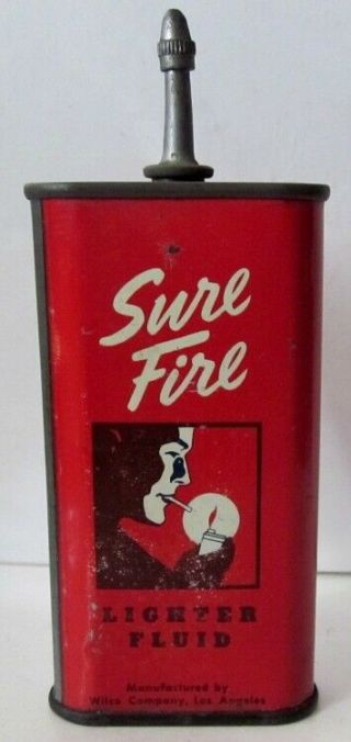 Rare Vintage Sure Fire Union Oil Company Lighter Fluid Handy Oiler Type Tin