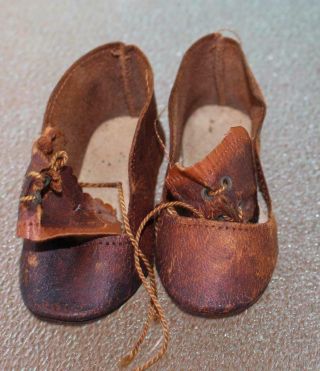 Antique Doll Shoes Tlc As Found For A Larger Doll 3 - 1/4 " L Brown Leather