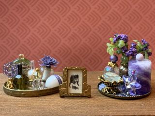 Vintage Miniature Dollhouse Artisan Made Vanity Trays Filled Perfumes Powders