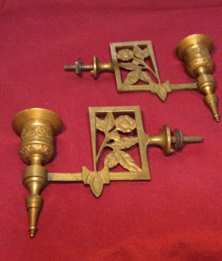 Rare Aesthetic Movement Victorian Pair Brass Piano Wall Candleholders Sconces