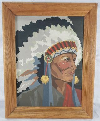 Vintage Framed Indian Chief Paint By Numbers? Portrait