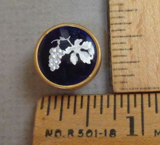 Foil Grapes Antique Button,  Blue Glass Set In Brass W/ Under - Glass Design,  Small