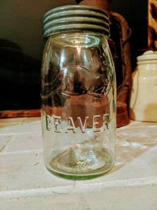 Clear Quart Beaver Fruit Mason Canning Jar Zinc Band Fruit Jar,  Mason Jar,  Rare