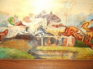 RARE ANTIQUE ' HORSE RACE ' OIL PAINTING ON BOARD FRAMED SIGNED. 3