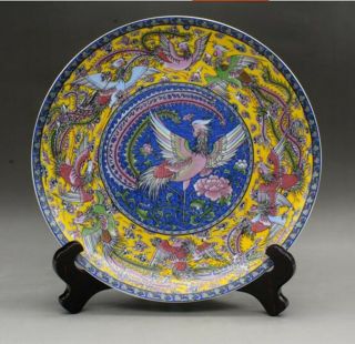 10.  2 " Old China Porcelain Hand Painted Pastel Nine Phoenix Plates Qianlong Mark