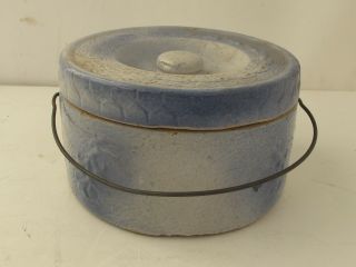 Antique Blue & White Stoneware Butter Crock With Lid And Wire Bail