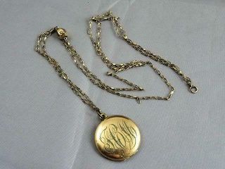 Antique Victorian Gold Filled Monogrammed Photo Locket Pendant And Slide Chain