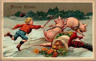 1913 French Year Postcard Embossed Pigs,  4 Leaf Clovers,  God Coins Rare 25