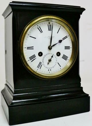Rare Antique French 8 Day Ebonised Wooden Timepiece Mantel Clock With Alarm