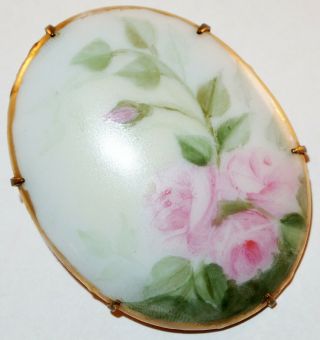 Antique Victorian Porcelain Hand Painted Pink Rose Bud Flowers Leaves Brooch Pin