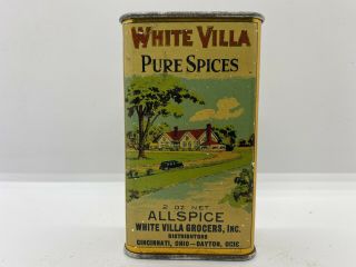 Rare Antique Vintage 1930’s White Villa Pure Spices Advertising Allspice Tin Can