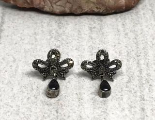 Antique Vintage Art Deco Sterling Silver Onyx Marcasite Small Stud Earrings