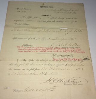Rare Antique American Civil War Lt.  Monroe 2nd Jersey Vol Discharge Document