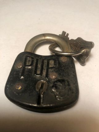 Antique Iron Lock Padlock With Pup Dog Bull Dog Pug With Key