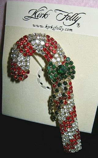 Kirks Folly Rare/signed " Candy Cane Brooch W/moving Ribbon Ends " Fun & Fabulous