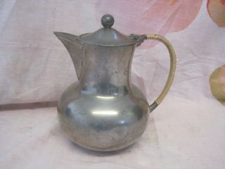 Vintage True Arts And Crafts Pewter Wicker Handled Water Teapot Jug 20cms