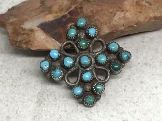 Antique Vintage Sterling Silver Turquoise Petit Point Cluster Maltese Cross Pin