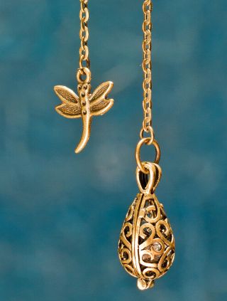 Antique Brass Small Cage Pendulum W/ Dragonfly Pendant - Dowsing Tool