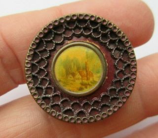 Wonderful Antique Vtg Celluloid Lithograph In Tinted Metal Button Castle 1 " (b)
