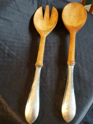 Antique Sterling Silver Handle And Wood Salad Spoon And Fork Set